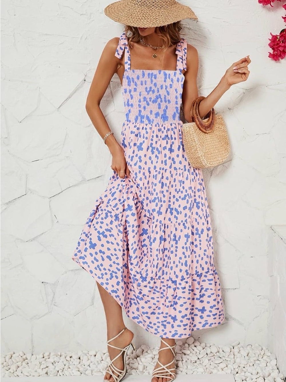 Pink & Blue Printed Tie-Strap Maxi dress